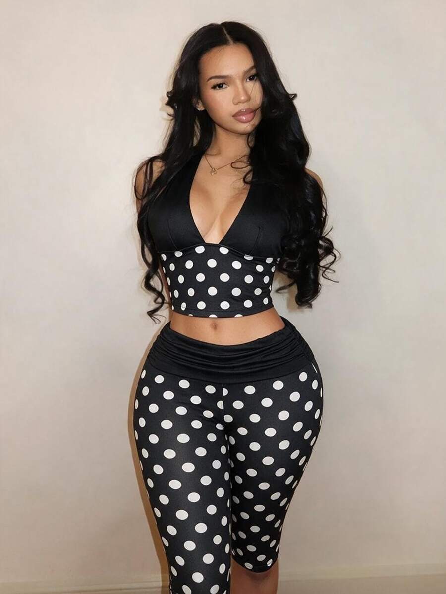 Mistrie Women's Polka Dot Print Deep V Halter Neck Tank Top And 5-Inch Biker Shorts 2 Pieces Set - Black and White - View 1