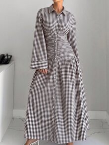 Siren Gaze 女款時尚通勤格紋喇叭袖長洋裝 - 彩色 - 查看 6