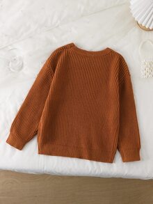 SHEIN 女童字母愛心圖案圓領長袖休閒針織衫 - 棕色 - 查看 2