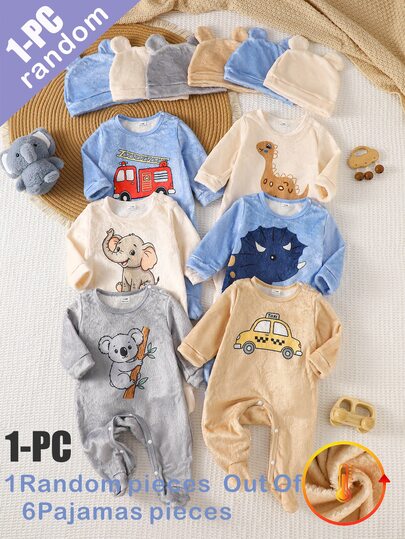 SHEIN (Blind Box 6pcs/1pc Hat Random Gift) Newborn Long Sleeve Round Neck Footed Romper, Blue/Apricot/Grey/Khaki, Cartoon Koala/Elephant/Car/Fire Truck/Dinosaur Print, Simple Casual Comfortable Soft Cute Plush Loungewear, Suitable For Home And Outdoor Wear, Winter