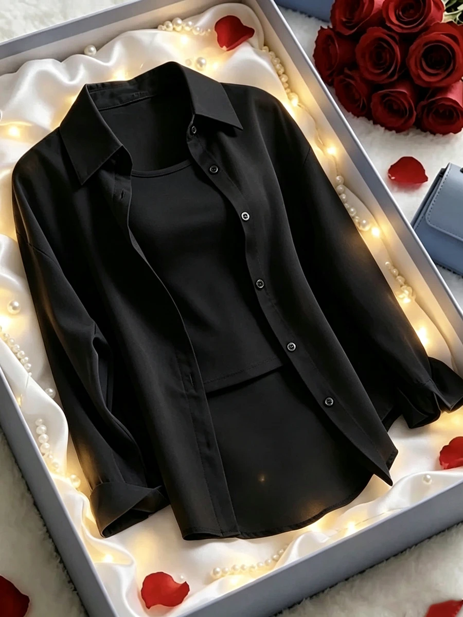 GlowEve Women's Front Button Long Sleeve Casual 2 Pieces Set - Black - View 1