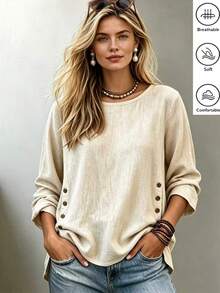 SHEIN 歐美新款時尚優雅圓領不對稱設計下擺裝飾鈕扣長袖休閒女式襯衫，女款春夏上衣，長袖上衣，春季，夏季，度假，外出，Y2K，春季，夏季，返校，休閒，海灘，商務，百搭，性感，女款杏色上衣 - 杏色 - 查看 7