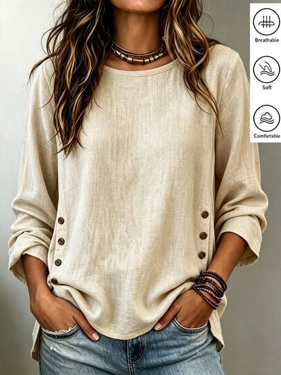 SHEIN European And American New Fashion Elegant Round Neck Asymmetrical Design Hem Decorated Button Long Sleeve Casual Blouse For Women, Women's Spring/Summer Top, Long Sleeve Top, Spring, Summer, Vacation, Outing, Y2K, Spring, Summer, Back To School, Casual, Beach, Business, Versatile, Sexy, Women's Apricot Top