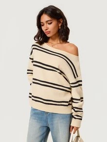 SHEIN BASICS Women's Striped Drop Shoulder Long Sleeve Casual Coastal French Coastal Sweater Brunch Vacation Travel Daytime Everyday Blue And White Striped Autumn - Multicolor - View 10