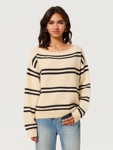 SHEIN BASICS Women's Striped Drop Shoulder Long Sleeve Casual Coastal French Coastal Sweater Brunch Vacation Travel Daytime Everyday Blue And White Striped Autumn - Multicolor - View 7