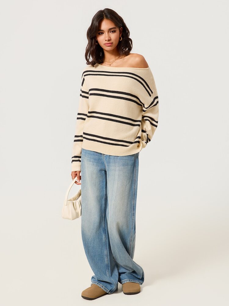 SHEIN BASICS Women's Striped Drop Shoulder Long Sleeve Casual Coastal French Coastal Sweater Brunch Vacation Travel Daytime Everyday Blue And White Striped Autumn - Multicolor - View 6