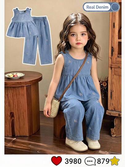 Elladie kids Set Denim Bayi Perempuan Musim Panas Terbaru, Modis Kasual Biru Motif Bunga, Atasan Bordir Bunga Kecil yang Lucu dan Celana Panjang, Model Longgar dan Lurus, Terbuat dari Kain Katun.