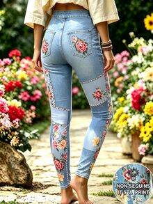 Breezaya 大尺碼女款花卉丹寧效果印花休閒內搭褲 - 彩色 - 查看 2