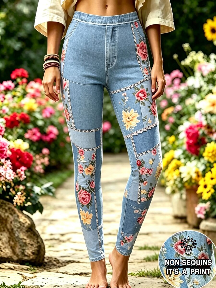 Breezaya 大尺碼女款花卉丹寧效果印花休閒內搭褲 - 彩色 - 查看 1
