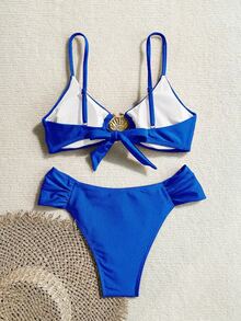 Swim Chiccia Women's Summer Beach Solid Color Metal Decor Linked Casual Bikini And Triangle Briefs Swimwear Set - Royal Blue - View 2