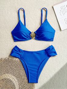 Swim Chiccia Women's Summer Beach Solid Color Metal Decor Linked Casual Bikini And Triangle Briefs Swimwear Set - Royal Blue - View 6