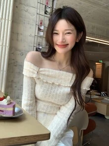 DAZY Women's Cold Shoulder Ruffle Trim Long Sleeve T-Shirt, Elegant Romantic Youthful Style Fall Everyday Date Beige - Baby Pink - View 2