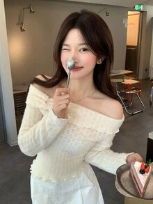 DAZY Women's Cold Shoulder Ruffle Trim Long Sleeve T-Shirt, Elegant Romantic Youthful Style Fall Everyday Date Beige - Baby Pink - View 4