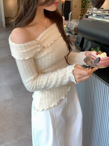 DAZY Women's Cold Shoulder Ruffle Trim Long Sleeve T-Shirt, Elegant Romantic Youthful Style Fall Everyday Date Beige - Baby Pink - View 5