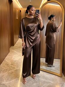 SHEIN Lady Plus Size Women Lace Patchwork Top And Pants Casual Everyday 2 Pieces Set - Brown - View 4