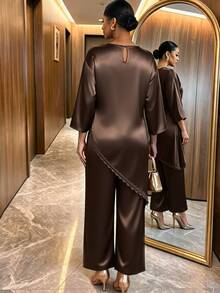 SHEIN Lady Plus Size Women Lace Patchwork Top And Pants Casual Everyday 2 Pieces Set - Brown - View 2