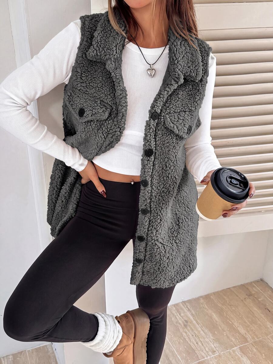 SHEIN EZwear 女款深灰色法蘭絨泰迪大衣,適合秋冬穿著,翻領設計,寬鬆版型 - 深灰色 - 查看 1