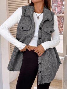 SHEIN EZwear 女款深灰色法蘭絨泰迪大衣，適合秋冬穿著，翻領設計，寬鬆版型 - 深灰色 - 查看 3
