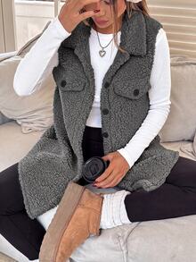 SHEIN EZwear 女款深灰色法蘭絨泰迪大衣，適合秋冬穿著，翻領設計，寬鬆版型 - 深灰色 - 查看 6