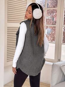 SHEIN EZwear 女款深灰色法蘭絨泰迪大衣，適合秋冬穿著，翻領設計，寬鬆版型 - 深灰色 - 查看 2