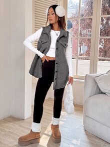 SHEIN EZwear 女款深灰色法蘭絨泰迪大衣，適合秋冬穿著，翻領設計，寬鬆版型 - 深灰色 - 查看 4