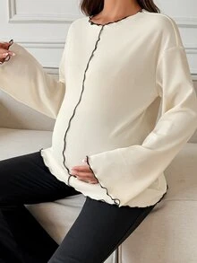 Dazy Maternity Contrast Color Ruffle Wave Hem Loose Long Sleeve Bell Sleeve Casual Vacation Korean Style Spring Autumn Maternity T-Shirt - Apricot - View 1