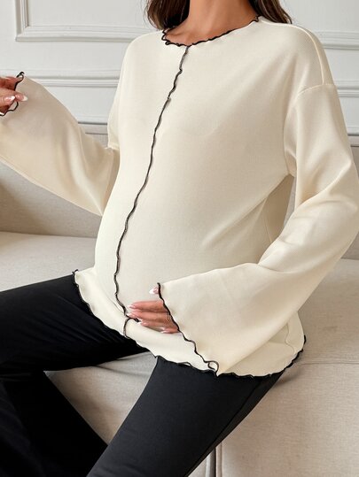 Dazy Maternity Contrast Color Ruffle Wave Hem Loose Long Sleeve Bell Sleeve Casual Vacation Korean Style Spring Autumn Maternity T-Shirt