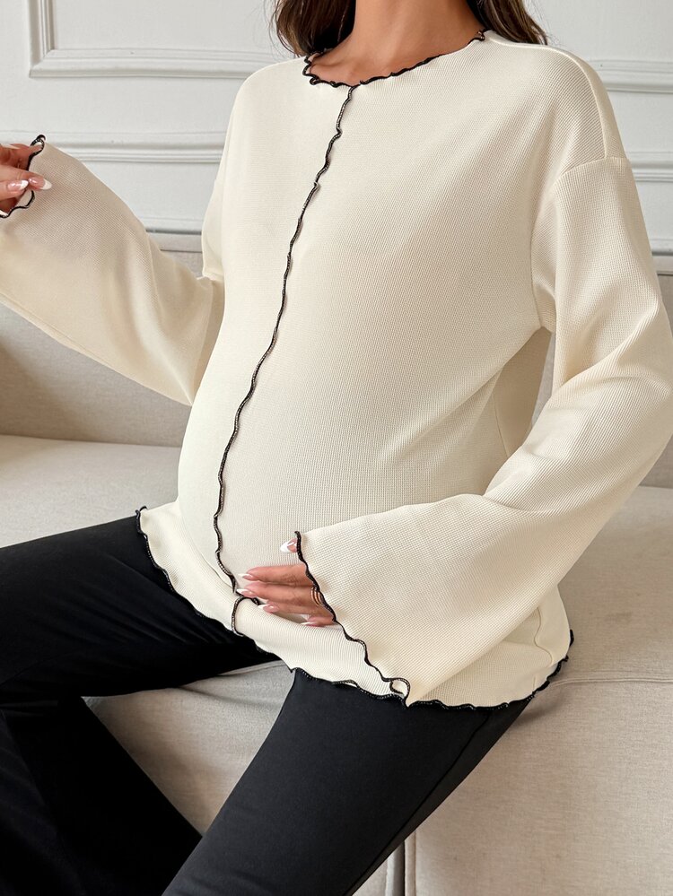 Dazy Maternity 對比色荷葉波浪下擺 寬鬆長袖喇叭袖 休閒度假韓風 春秋孕婦T恤 - 杏色 - 查看 1