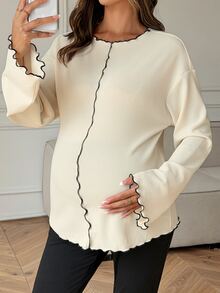 Dazy Maternity Contrast Color Ruffle Wave Hem Loose Long Sleeve Bell Sleeve Casual Vacation Korean Style Spring Autumn Maternity T-Shirt - Apricot - View 3