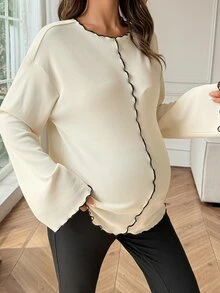 Dazy Maternity Contrast Color Ruffle Wave Hem Loose Long Sleeve Bell Sleeve Casual Vacation Korean Style Spring Autumn Maternity T-Shirt - Apricot - View 6