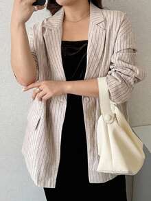 Dazy Plus Korean Style Striped Loose Office Wear Spring/Autumn New Blazer Jacket - Apricot - View 5