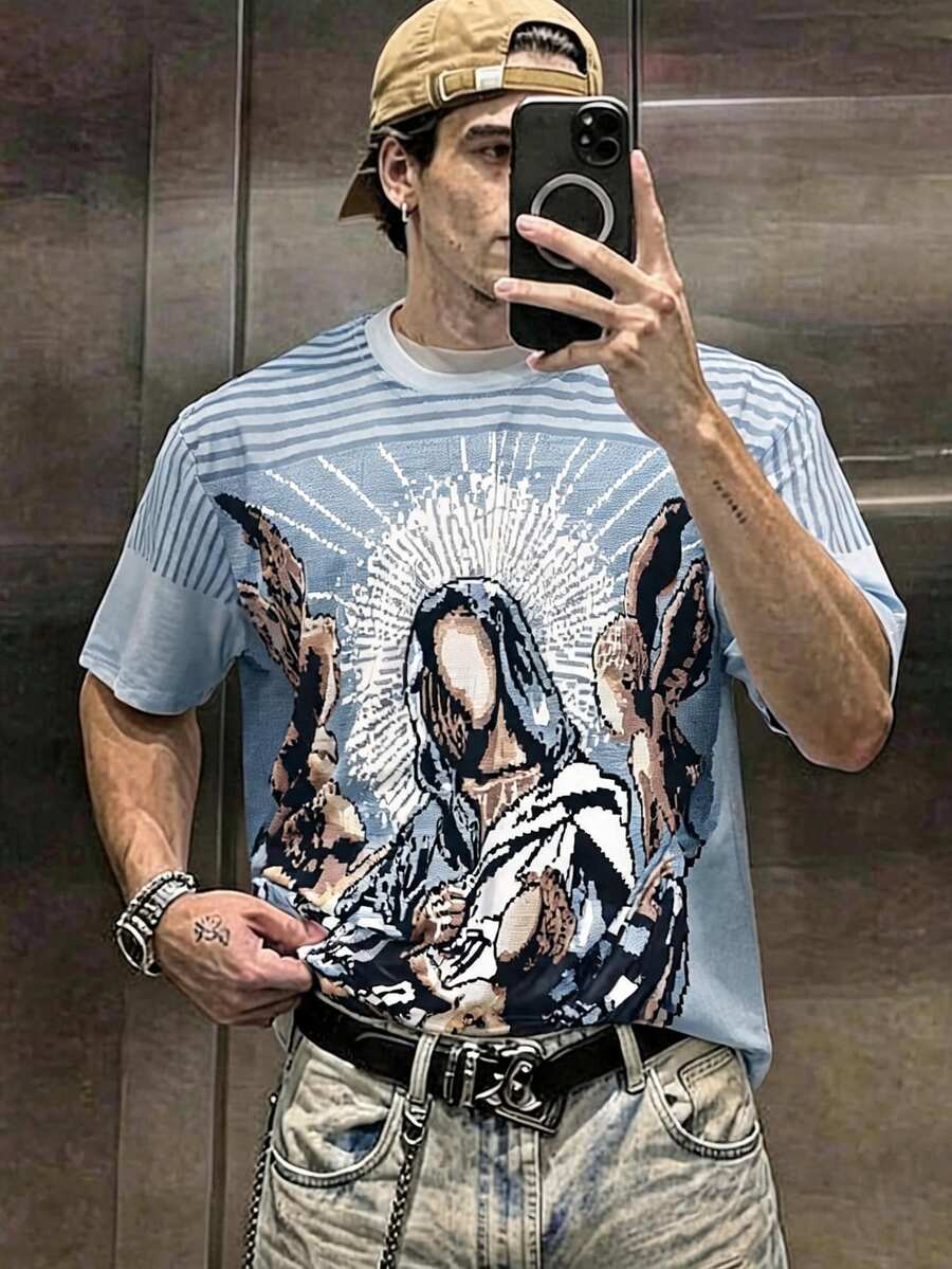 Resyla Men 男士卡通印花圆领休闲日常通勤短袖T恤 - 藍色 - 查看 1