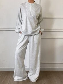 DAZY Women's 2pcs Set Loose Casual Round Neck Half-Zip Sweatshirt & Straight Leg Pants, Sporty Style, Autumn - Grey - View 5