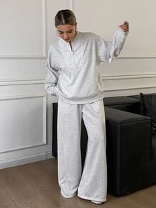 DAZY Women's 2pcs Set Loose Casual Round Neck Half-Zip Sweatshirt & Straight Leg Pants, Sporty Style, Autumn - Grey - View 6