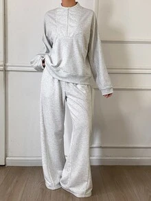DAZY Women's 2pcs Set Loose Casual Round Neck Half-Zip Sweatshirt & Straight Leg Pants, Sporty Style, Autumn - Grey - View 1