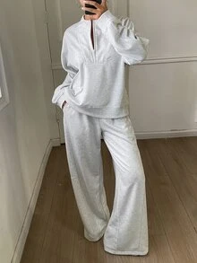 DAZY Women's 2pcs Set Loose Casual Round Neck Half-Zip Sweatshirt & Straight Leg Pants, Sporty Style, Autumn - Grey - View 3