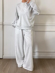 DAZY Women's 2pcs Set Loose Casual Round Neck Half-Zip Sweatshirt & Straight Leg Pants, Sporty Style, Autumn - Grey - View 4