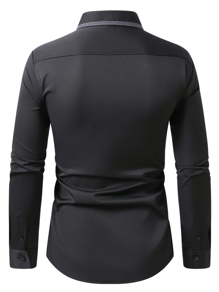 Manfinity Mode Men's Black Autumn Classy Formal  Commuter Dress Shirt,Design Business Casual Long Sleeve Button Up Top With Pocket,Solid Color Stylish Shirt - Black - View 3