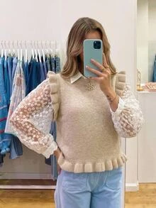 Serisse Atasan Rajut Tanpa Lengan Berkerut Warna Aprikot untuk Wanita, Atasan untuk Acara Keluar Rumah untuk Wanita, Blus Kasual, Sweater Musim Gugur dan Musim Dingin untuk Wanita - Khaki - View 3
