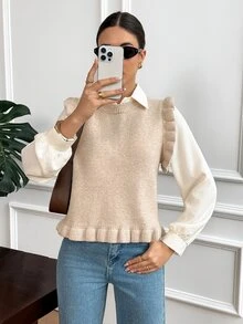 Serisse Atasan Rajut Tanpa Lengan Berkerut Warna Aprikot untuk Wanita, Atasan untuk Acara Keluar Rumah untuk Wanita, Blus Kasual, Sweater Musim Gugur dan Musim Dingin untuk Wanita - Khaki - View 7