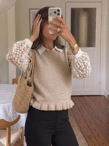 Serisse Atasan Rajut Tanpa Lengan Berkerut Warna Aprikot untuk Wanita, Atasan untuk Acara Keluar Rumah untuk Wanita, Blus Kasual, Sweater Musim Gugur dan Musim Dingin untuk Wanita - Khaki - View 1