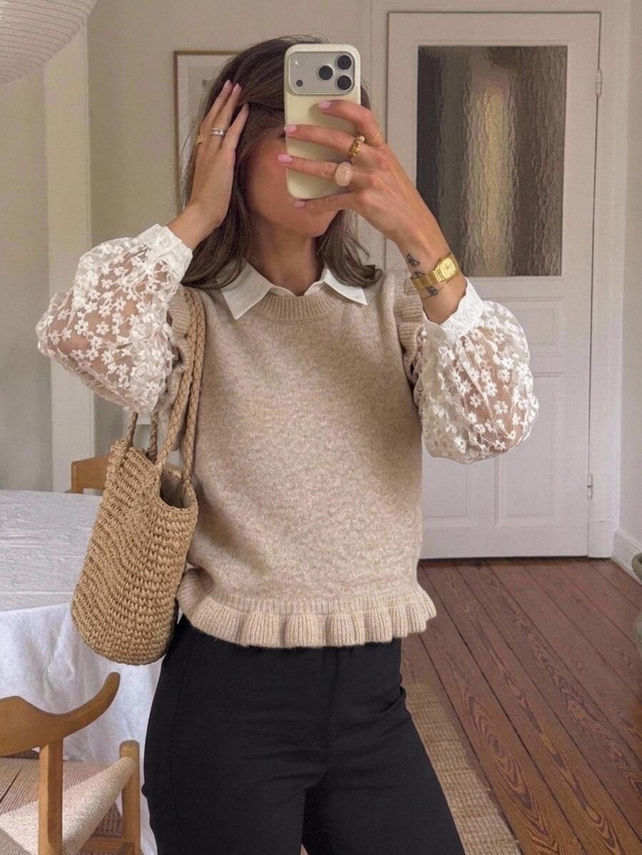 Serisse Atasan Rajut Tanpa Lengan Berkerut Warna Aprikot untuk Wanita, Atasan untuk Acara Keluar Rumah untuk Wanita, Blus Kasual, Sweater Musim Gugur dan Musim Dingin untuk Wanita - Khaki - View 1