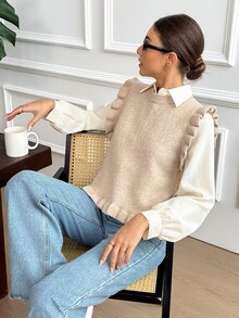 Serisse Atasan Rajut Tanpa Lengan Berkerut Warna Aprikot untuk Wanita, Atasan untuk Acara Keluar Rumah untuk Wanita, Blus Kasual, Sweater Musim Gugur dan Musim Dingin untuk Wanita - Khaki - View 8