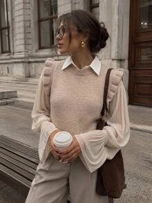 Serisse Atasan Rajut Tanpa Lengan Berkerut Warna Aprikot untuk Wanita, Atasan untuk Acara Keluar Rumah untuk Wanita, Blus Kasual, Sweater Musim Gugur dan Musim Dingin untuk Wanita - Khaki - View 5