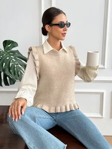 Serisse Atasan Rajut Tanpa Lengan Berkerut Warna Aprikot untuk Wanita, Atasan untuk Acara Keluar Rumah untuk Wanita, Blus Kasual, Sweater Musim Gugur dan Musim Dingin untuk Wanita - Khaki - View 9