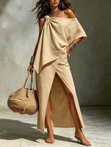 SHEIN Spring/Summer New French Style Asymmetrical Elegant European Chic Women's One-Shoulder Top + Casual Elastic Split Hem Skirt, Beige Two Pieces Set - Khaki - View 5