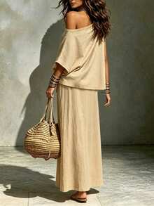 SHEIN Spring/Summer New French Style Asymmetrical Elegant European Chic Women's One-Shoulder Top + Casual Elastic Split Hem Skirt, Beige Two Pieces Set - Khaki - View 3