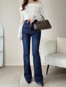 FRIFUL Women's Autumn Casual Solid Color Off-Shoulder T-Shirt - Apricot - View 6