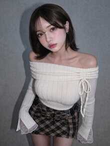 FRIFUL Women's Autumn Casual Solid Color Off-Shoulder T-Shirt - Apricot - View 1
