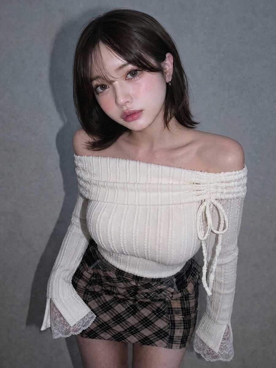 FRIFUL Women's Autumn Casual Solid Color Off-Shoulder T-Shirt - Apricot - View 1